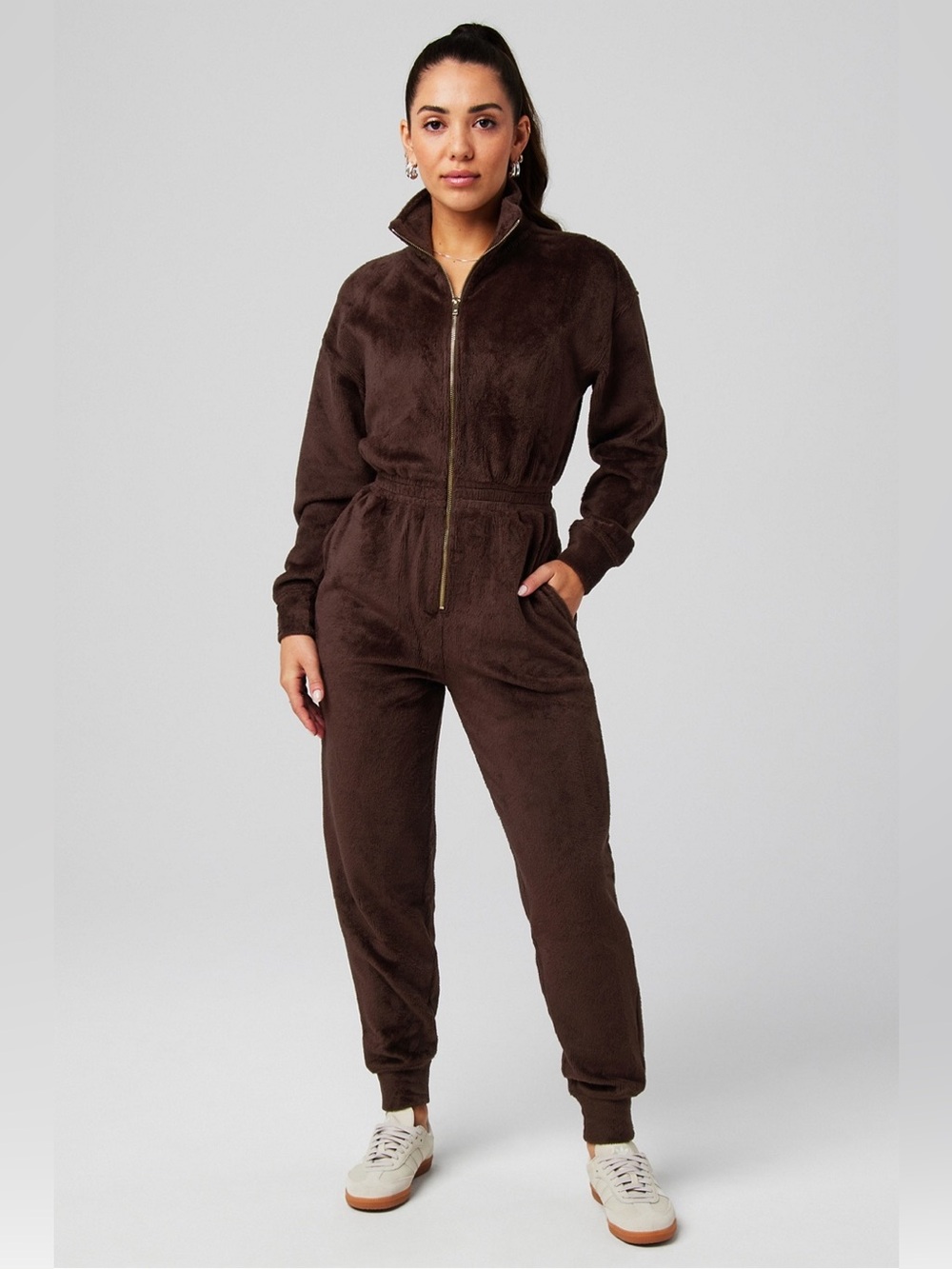 Fabletics Cosy Cord Zip Jumpsuit in Cocoa Brown Size L